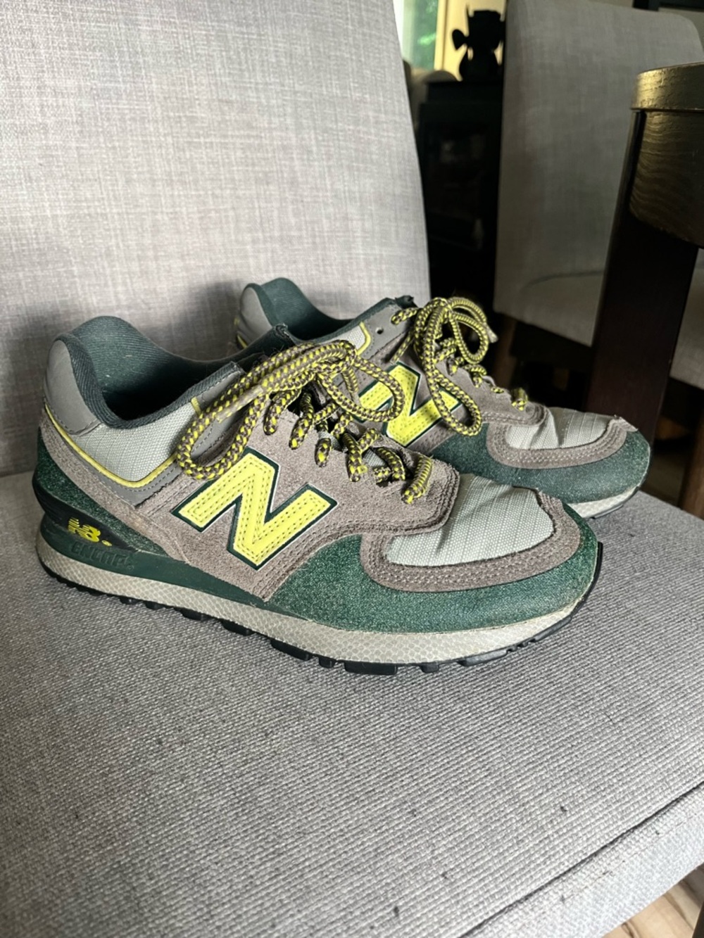 New Balance 574 Green Gray & Yellow Retro Running Shoes escape gorpcore hike